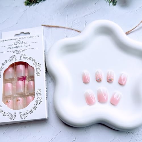 24-Piece Pink Gradient French Tip Press-On Nails with Charms, Short Square