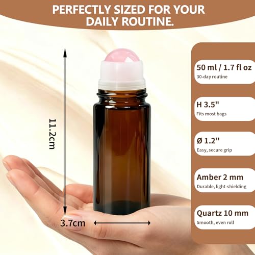 50ml Amber Glass Roll-On Bottle with Rose Quartz Ball - Pink/Pink
