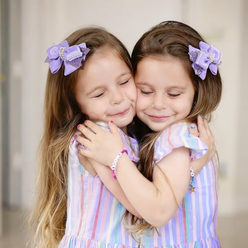 TOKUFAGU 4" Sparkly Glitter Sequin Ribbon Hair Bow Clips Light Purple with Pearls