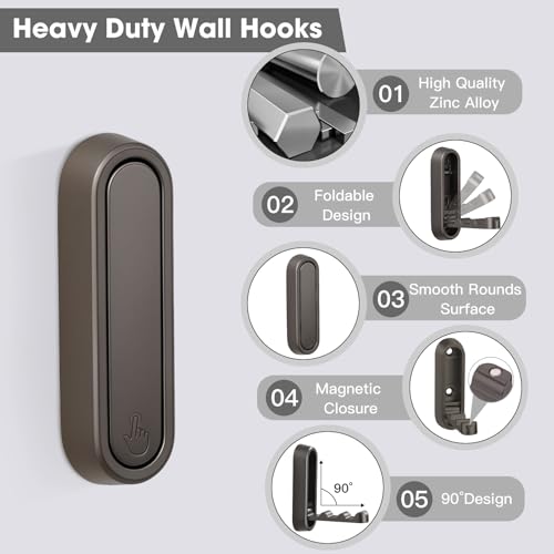 Heavy Duty Folding Wall Hooks - 2 Pack, Zinc Alloy, Grey