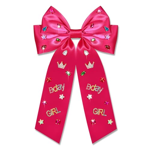 NVENF Birthday Girl Hair Bow - Large Pink Satin Bow with Crystals & Pearls