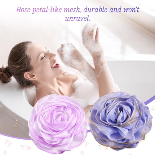 Rose-Shaped Bath Loofah Set of 2 - Elegant Shower Sponge in Purple & Grey