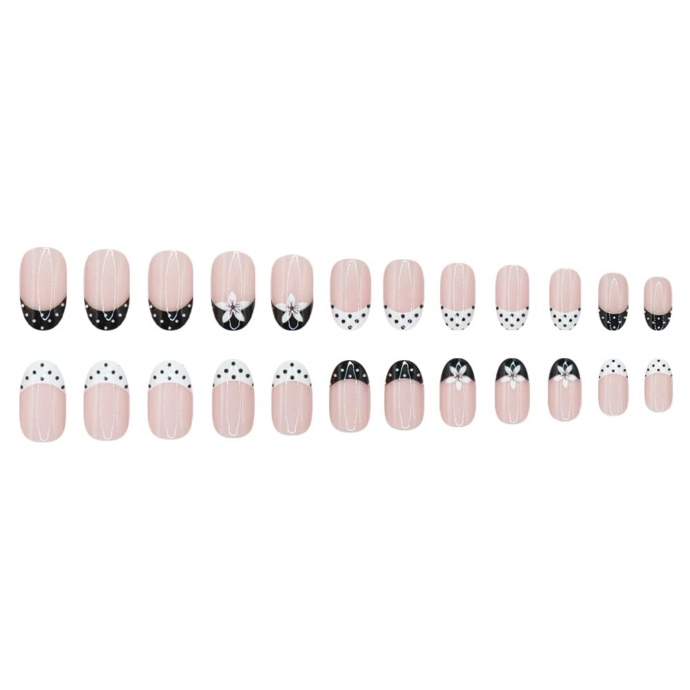 Medium Oval Press on Nails French Tip Fake Nails Glossy False Nail with Designs Flowers | Polka Dot,Cute Reusable Glue on Nail Full Cover Stick on Nails for Women Manicure 24Pcs