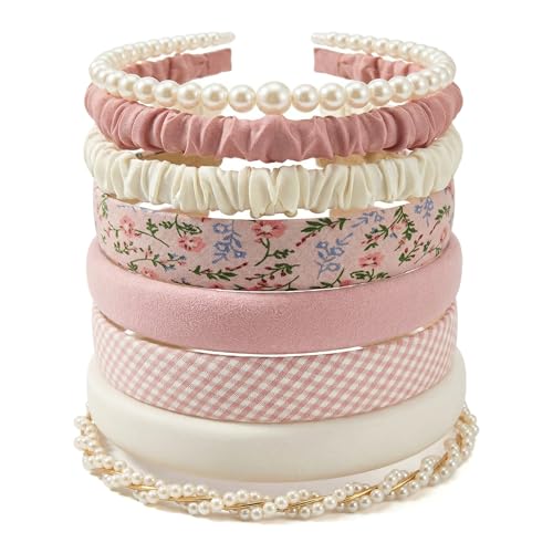 STANETCO Non-Slip Padded Pearl Headbands for Women - Pink, 8-Piece Set