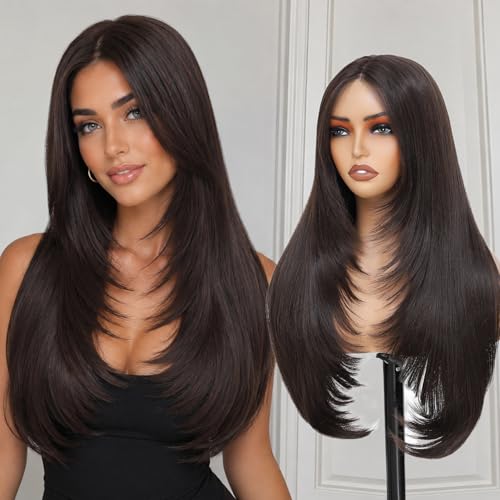 Civrie 28-Inch Long Straight Brown Lace Front Wig - Glueless Natural Look