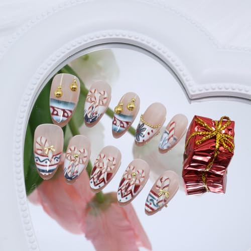 KRTBKR 24Pcs Christmas Press On Nails Medium Almond Fake Nails with 3D Candy Cane Design and Gold Beads