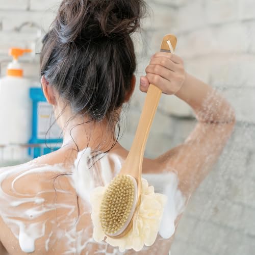 DEBETOOL Double-Sided Shower Loofah with Handle & Anti-Slip Grip