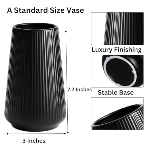 Modern Black Ceramic Vase - Ribbed Fluted Design for Home Decor