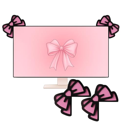 Cute Pink Bow Monitor Decorations - 2 Pcs 3D Wood Decor for Office