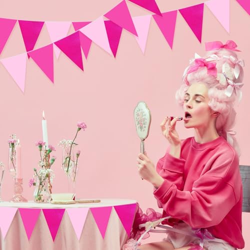 Tiamon Pink Glitter Bunting Banner - 5 Pcs 49.2 Ft Triangle Flags for Parties