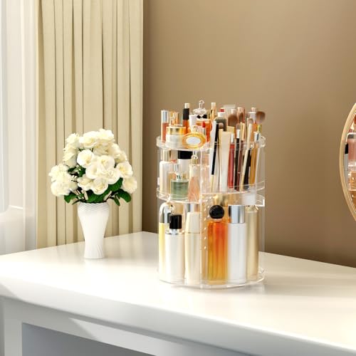 Hemtroy 360 Rotating Makeup Organizer with Brush Holder, Adjustable Acrylic
