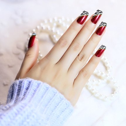 YUNAI 24-Piece Medium Length False Nails Set – Red Wine French Ellipse Leopard