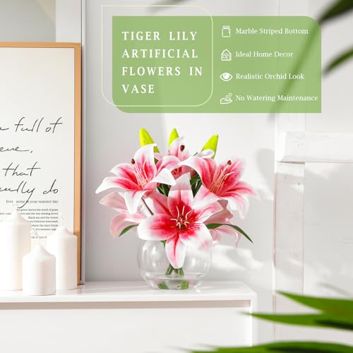 Artificial Tiger Lily Arrangement in Glass Vase - Realistic Silk Flowers with Faux Water