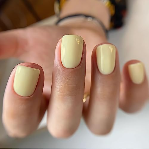 LPOODDNU 24Pcs Short Square Acrylic Press-On Nails - Light Yellow