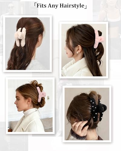 6PCS Large Fuzzy Claw Hair Clips for Thick Hair - Cute Bow Design