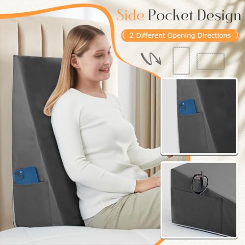Horbaunal Dark Grey Wedge Pillow Cover with Side Pocket - 25"