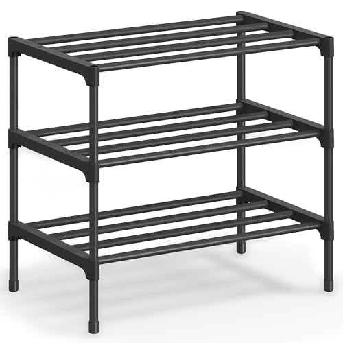 SONGMICS Compact 3-Tier Shoe Rack Organizer - Stackable Metal Storage for Small Spaces, Ink Black