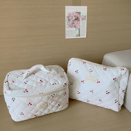 Cute Cherry Makeup Bag Set - 3 PCS Travel Toiletry Organizer (White-Cherry)