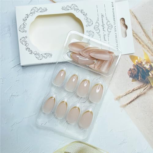 Short Almond Press On Nails - White French Tip with Gold Line