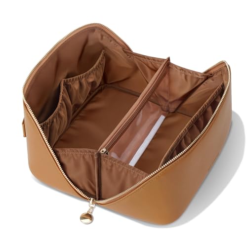 Medium Brown Travel Makeup Bag with Flat Design & Multiple Compartments