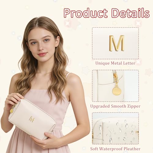 Beige Initial Makeup Bag - Personalized PU Leather Cosmetic Bag