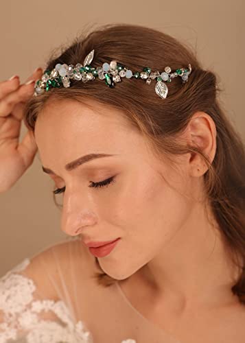 Denifery Bridal Hair Vine Headband with Green Crystals & Rhinestones