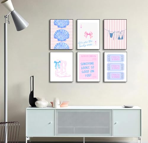 Coastal Cowgirl Wall Art Set - 6 Unframed Blue & Pink Prints