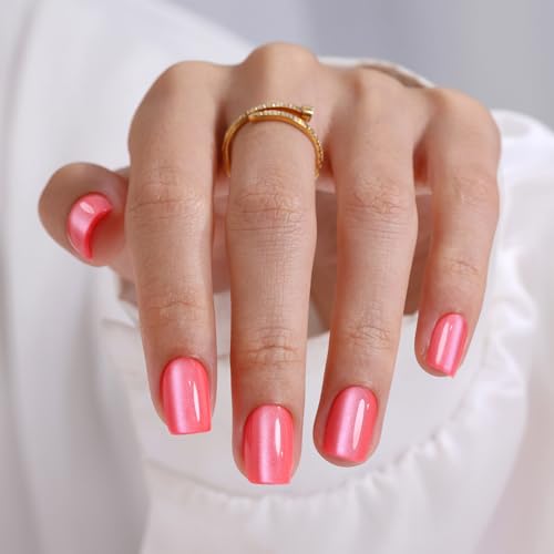 SHANGMENG Soft Gel Press-On Nails - Short Square Red Cat Eye, 32-Piece Kit