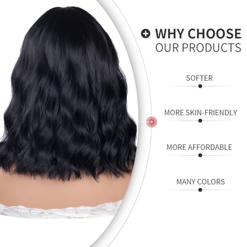 ITTAYLER Short Black Wavy Bob Wig with Bangs - Synthetic Curly 14 Inch Cosplay & Halloween Style