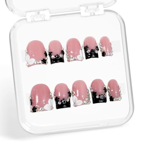 BHOOKA Handmade Square Press-On Nails M - Black French Tip with Rhinestones & Flowers