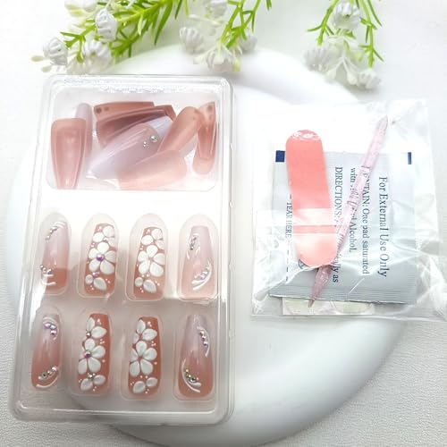 YOJIATOP Flower Lines Rhinestones Medium Coffin Press On Nails for Women 24Pcs