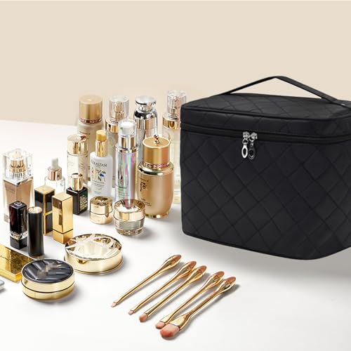 Large Waterproof Makeup Bag with Handle for Travel and Cosmetics - Black