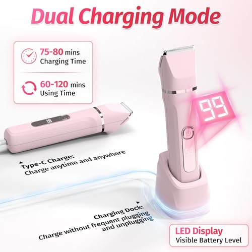 Bikini Trimmer for Women,5-in-1 Electric Razors for Women,Electric Shaver for Women's,IPX7 Waterproof Trimmer for Men Legs,with 5 Replaceable Blade Heads,USB Recharge Dock£¨Pink£©