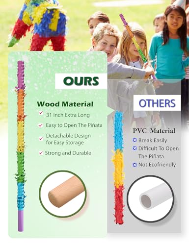 Reinforced Wooden Piñata Stick 31.5 Inch with Rope & Blindfold