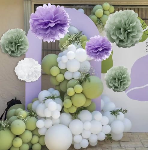 Sage Green & Lavender Tissue Paper Pom Poms - 9-Pack Party Decor