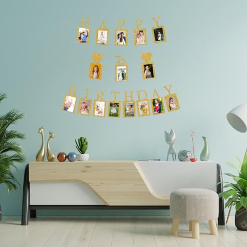 Happy 70th Birthday Photo Banner with 16 Frames - Gold Glitter Party Decor