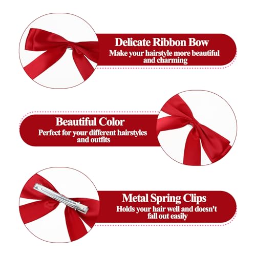 Red Satin Hair Bow Clips 2 Pack Large Hair Accessories for Women & Girls