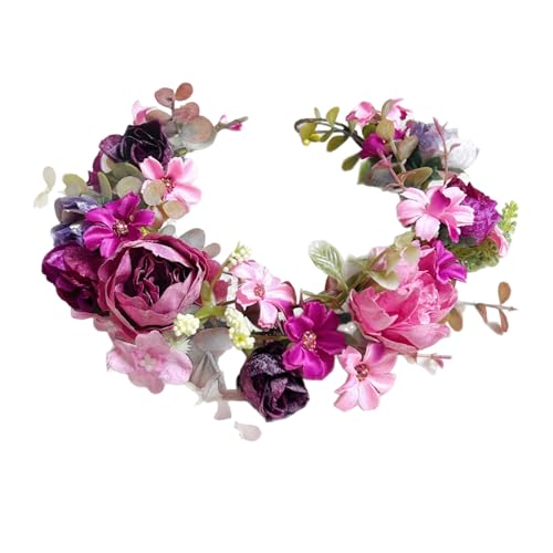 Pink Purple Flower Crown - Artificial Rose Daisy Headpiece with Adjustable Ribbon