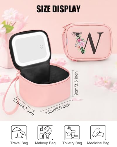 Personalized Initial Makeup Bag with LED Mirror - Pink