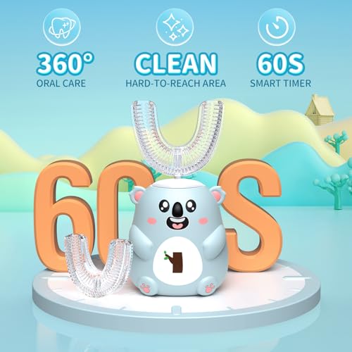 Kids Electric Toothbrush - U-Shaped Sonic Cleaning, 6 Modes, 4 Heads, Cute Koala Design (2-6 Age, Grey Blue)