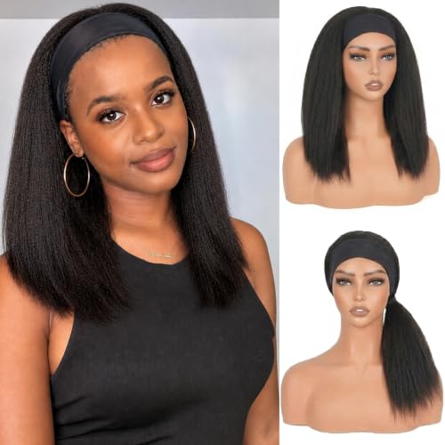Kinky Straight Headband Wig for Black Women | 16 Inch Glueless Synthetic Hair