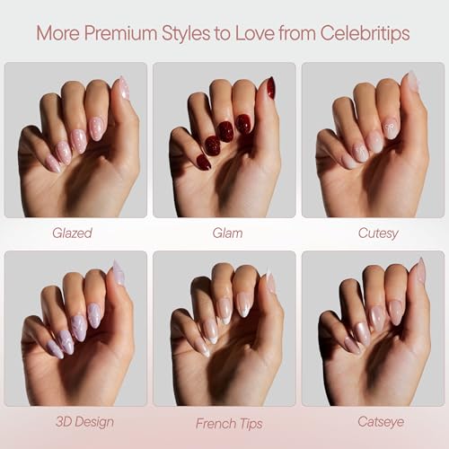 Celebritips Short Almond Press-On Nails - She Wears Crystals, 32 Nails Kit with Glue