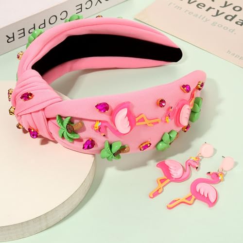 Flamingo 2 Rhinestone Knotted Headband - Tropical Jeweled Summer Hair Accessory