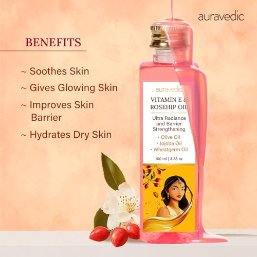 Auravedic Cold-Pressed Rosehip Face Oil with Vitamin E - Hydrating Natural Skin Care, 3.38 Fl Oz