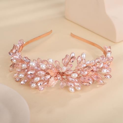 Pink Bridal Crystal Headband with Rhinestone Pearl Beads Wedding Hair Crown - Handmade Leaf Design
