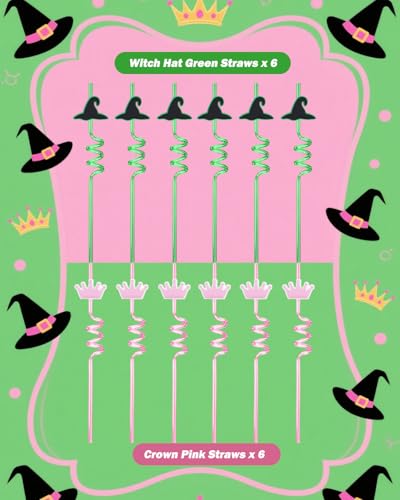 Wicked Straws Party Favors - Reusable Witch Hat & Crown Straws, 12 Pack