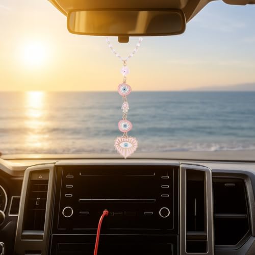 Handmade Pink Evil Eye Rearview Mirror Charm - Boho Car Decor