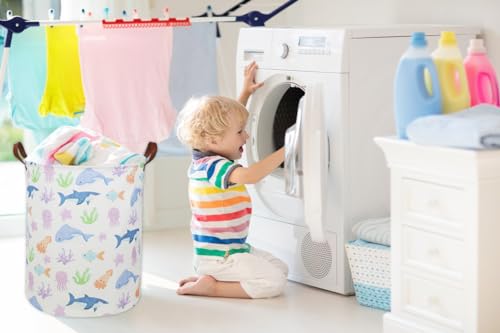 ESSME Collapsible Fish Laundry Hamper - Waterproof Canvas Storage Bin for Nursery