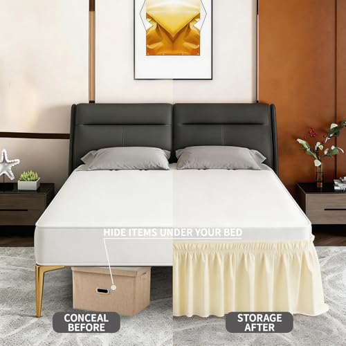 ANARACHON Queen Bed Skirt - Elastic Wrap Around Design, 14" Drop, Light Yellow