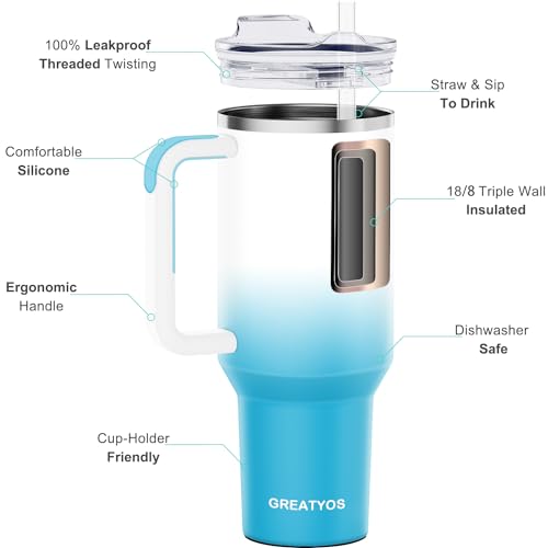 Greatyos 40 oz Insulated Tumbler with Handle & Straw Lid